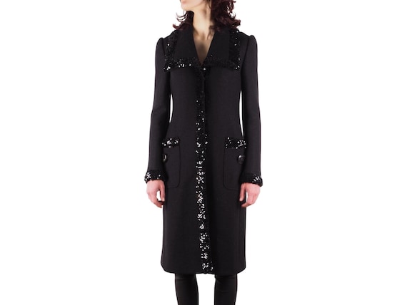 Dolce & Gabbana Wool Long Coat Black Sequin Trims Women's Size 38