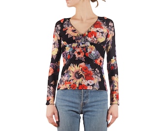 Top de manga larga con cuello en V y estampado floral negro para mujer, talla IT 42, Roberto Cavalli Vintage