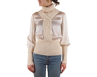 Blusa de cuello alto de angora satinada color marfil para mujer, estilo vintage de Roberto Cavalli, talla IT 44
