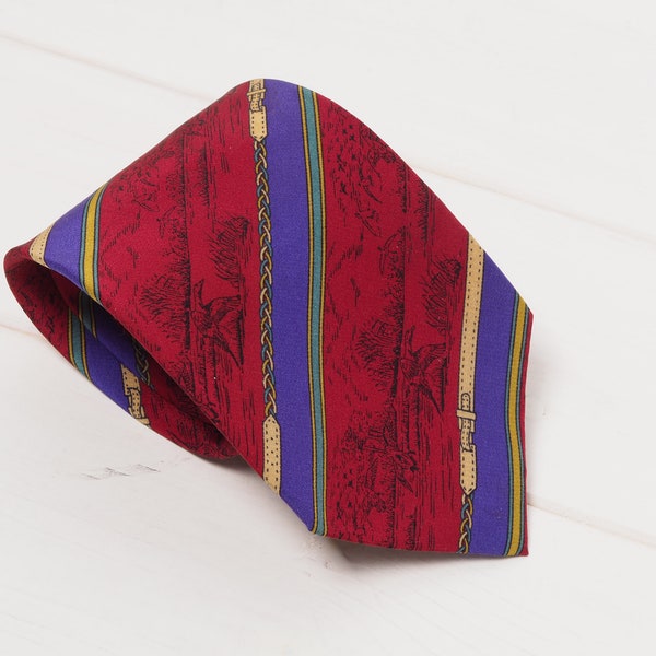 Celine Paris Tie Geometric Chain Red Blue Silk Luxury Vintage France Necktie