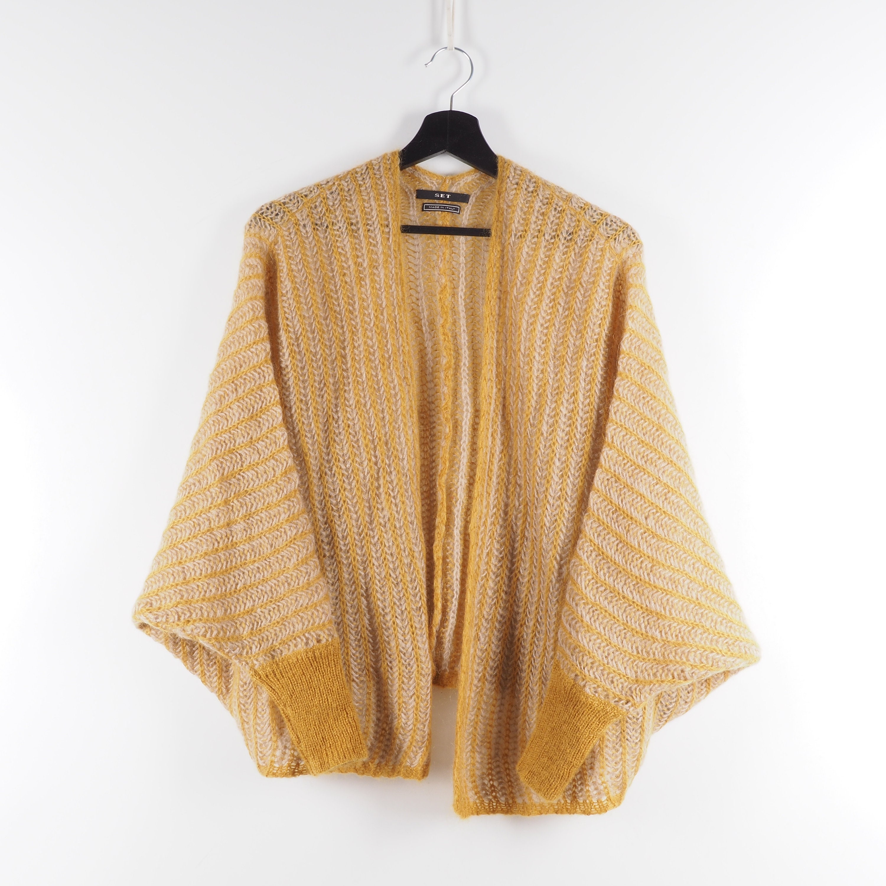 SET Cardigan Women Yellow Mohair Knit Open UK 8 / US 4 / S M
