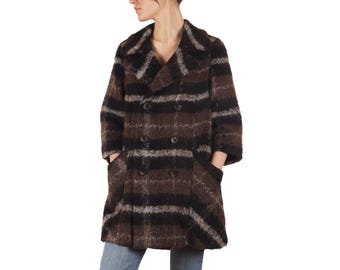 Abrigo cruzado de mezcla de lana a rayas marrones para mujer Diesel Vintage, talla S