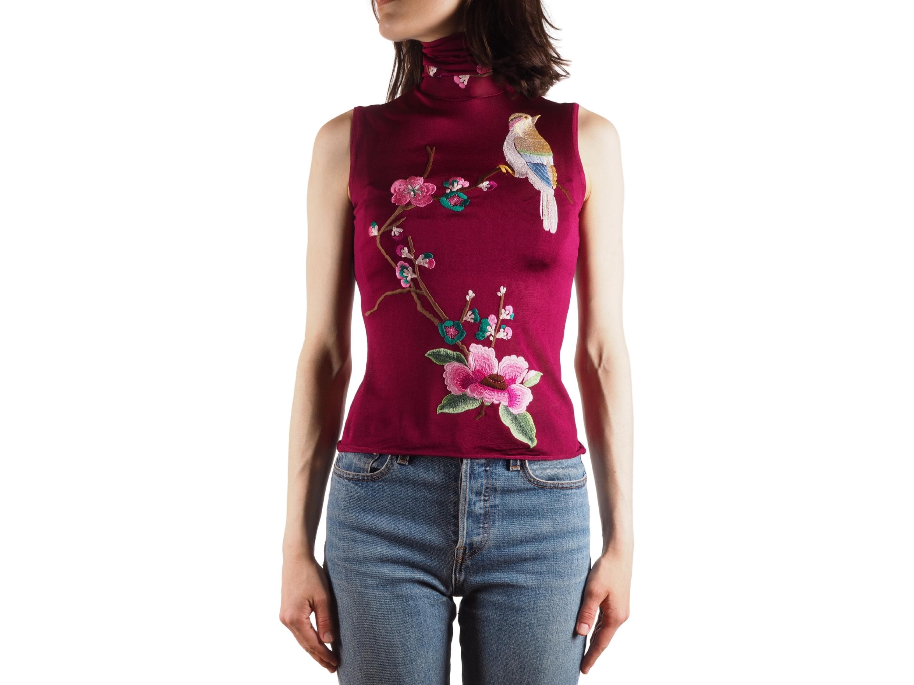 Christian Dior Embroidered Floral Top Vintage 2003 Bird Sleeveless