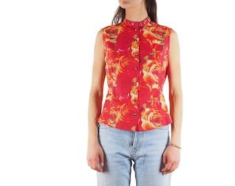 Vintage Versace Jeans Couture Red Floral Flowers Blouse Top Shirt S / M 90s