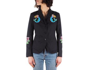 Love Moschino Women’s Black Linen Mermaid Embroidered Logo Blazer IT 40 / US 4