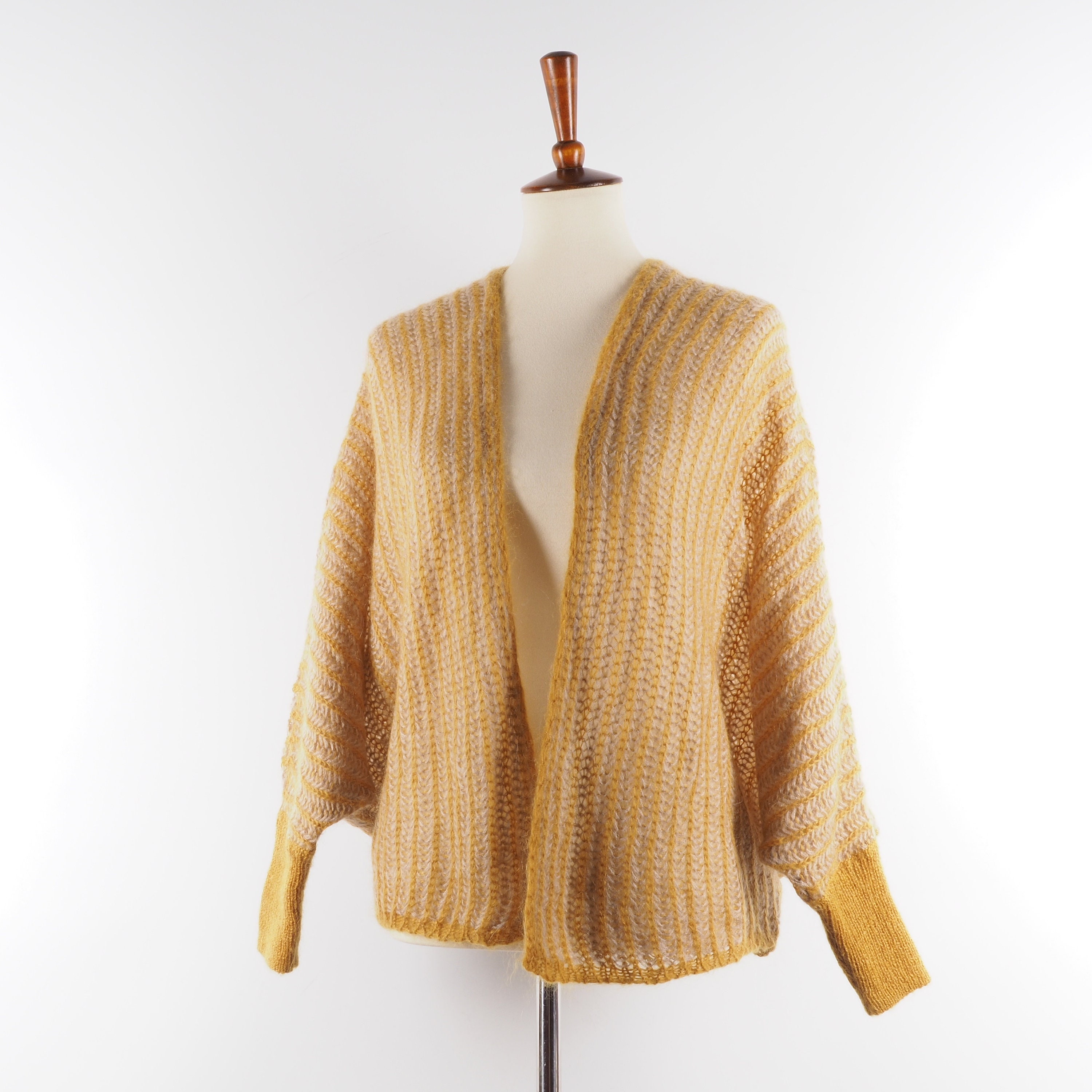 SET Cardigan Women Yellow Mohair Knit Open UK 8 / US 4 / S M