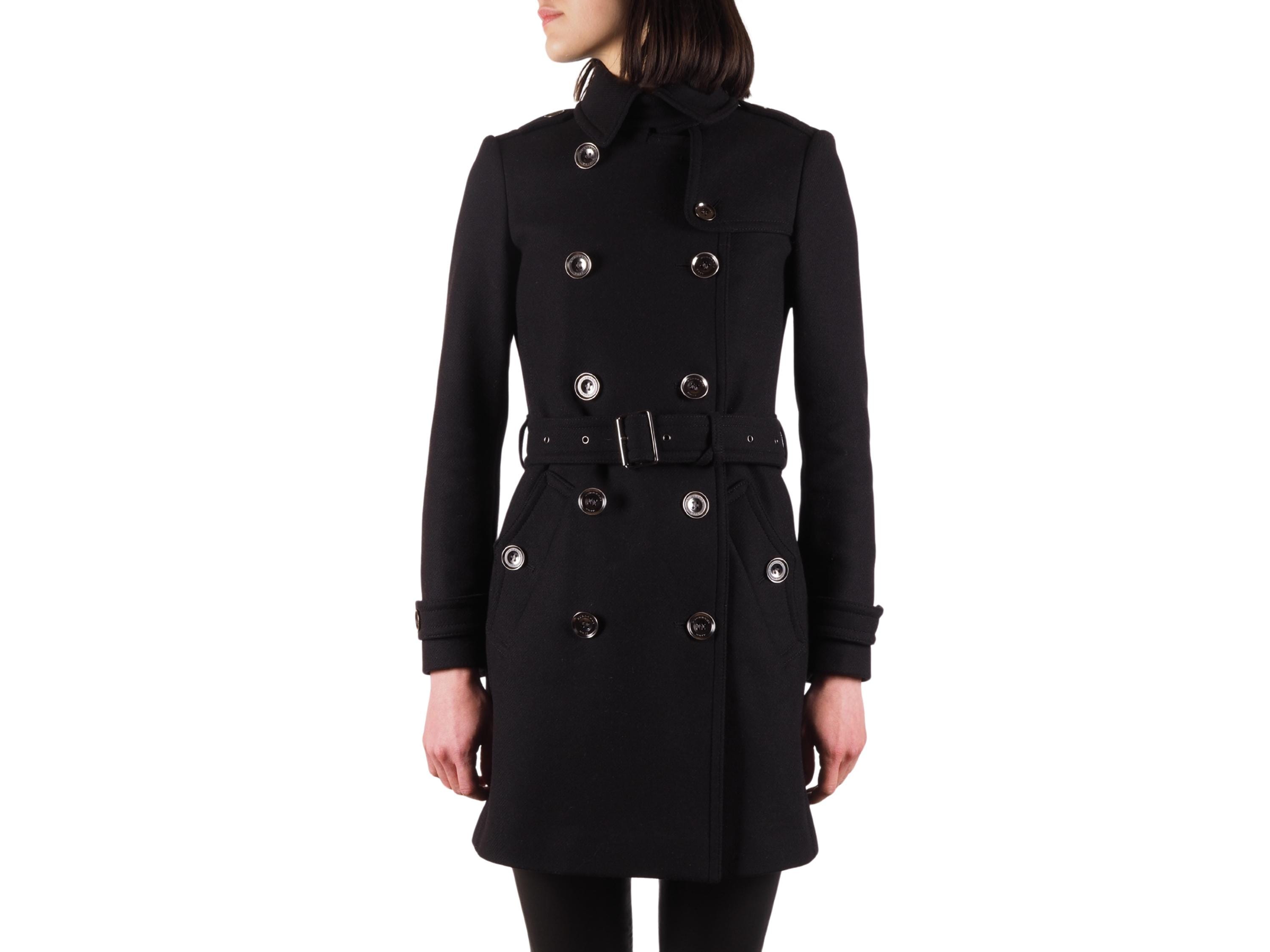 Burberry Brit Wool Trench Coat Women Black Double Breasted Belted
