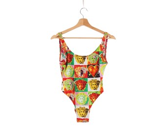 Vintage GIANNI VERSACE Bodysuit: 90s Medusa Logo Pop Art Swimwear (XS-S)