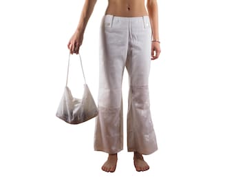 Chanel Vintage Jeans Pants White 2001 Denim High Waisted Sheer Flare 40 With Bag