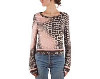 Top de manga larga de modal marrón con estampado animal para mujer, talla M, de Roberto Cavalli Vintage.
