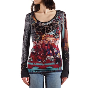 Save The Queen Top Vintage Women Mesh Medieval Battle Print S / US 6 Y2K