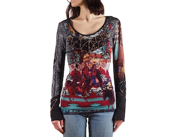 Save The Queen Top Vintage Women Mesh Medieval Battle Print S / US 6 Y2K