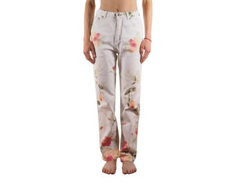 Roberto Cavalli Vintage 90er Jahre Damen Jeans in Weiß mit Blumenmuster und geradem Bein Gr. S