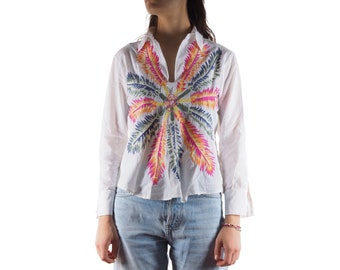 Roberto Cavalli Vintage Women White Floral Embroidered Blouse Shirt Top S Small