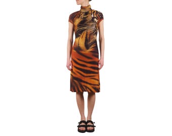 Vestido midi de cuello alto con espalda recortada y estampado de tigre vintage de Roberto Cavalli para mujer, talla M
