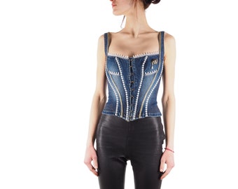 Roberto Cavalli Vintage Women's Denim Crop Top Lace Up Corset size S / Small