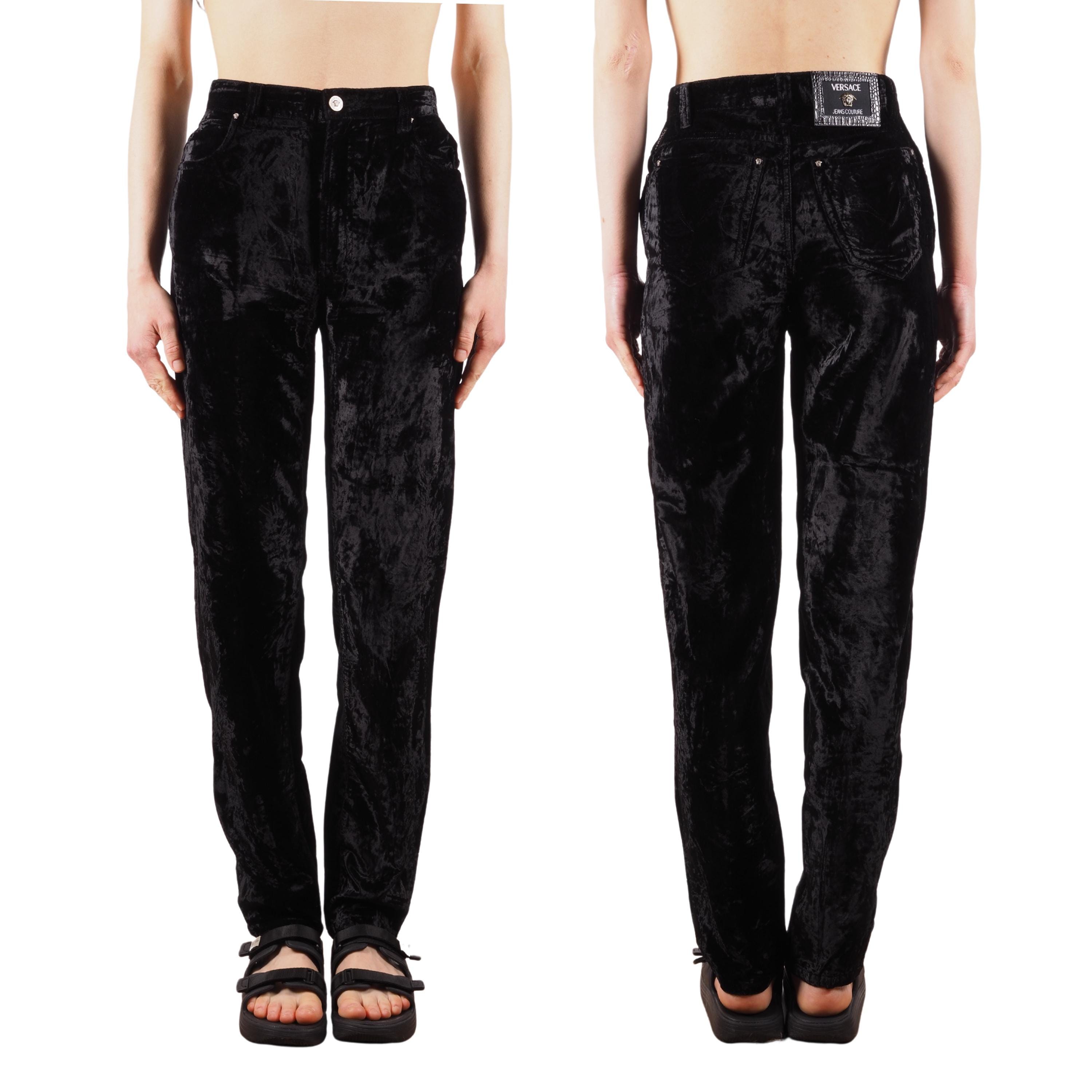 Versace Jeans Couture Velvet Pants Vintage Women Black Crushed