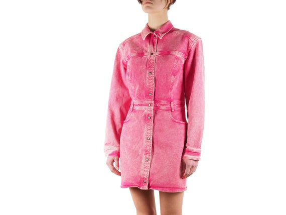 long sleeve pink denim dress Allegra K Women's Button Down Collar V Neck Long Sleeve Faux Chest Pockets A-line Denim Dress Dark Pink Large