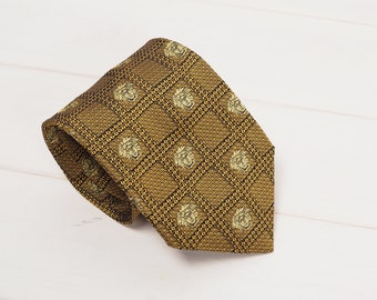 Corbata Gianni Versace Vintage Oro Amarillo Medusa Logo Plaid Seda Lujo Auténtica