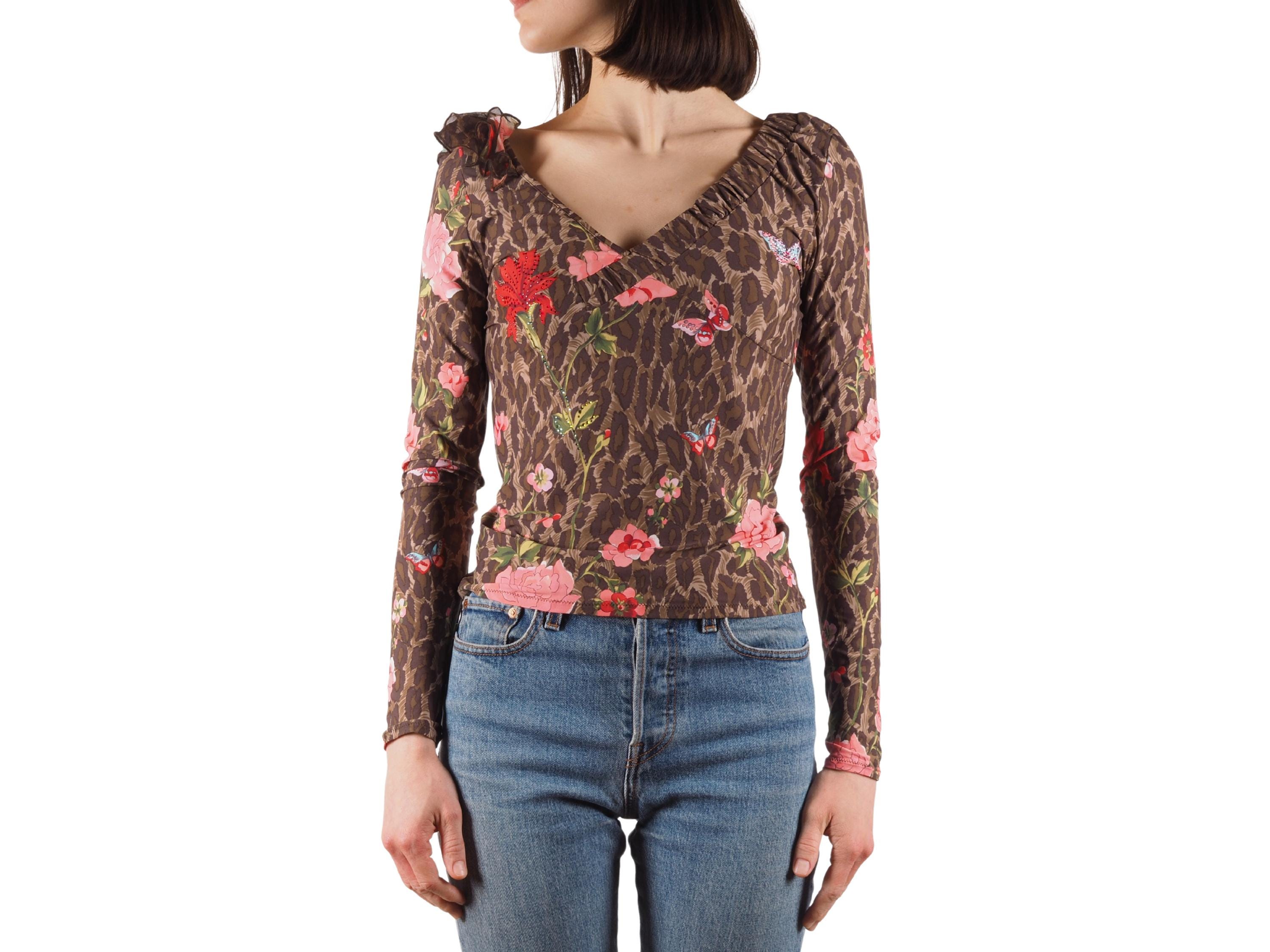 Blumarine Top Vintage Women's Leopard Floral Rhinestone Butterfly