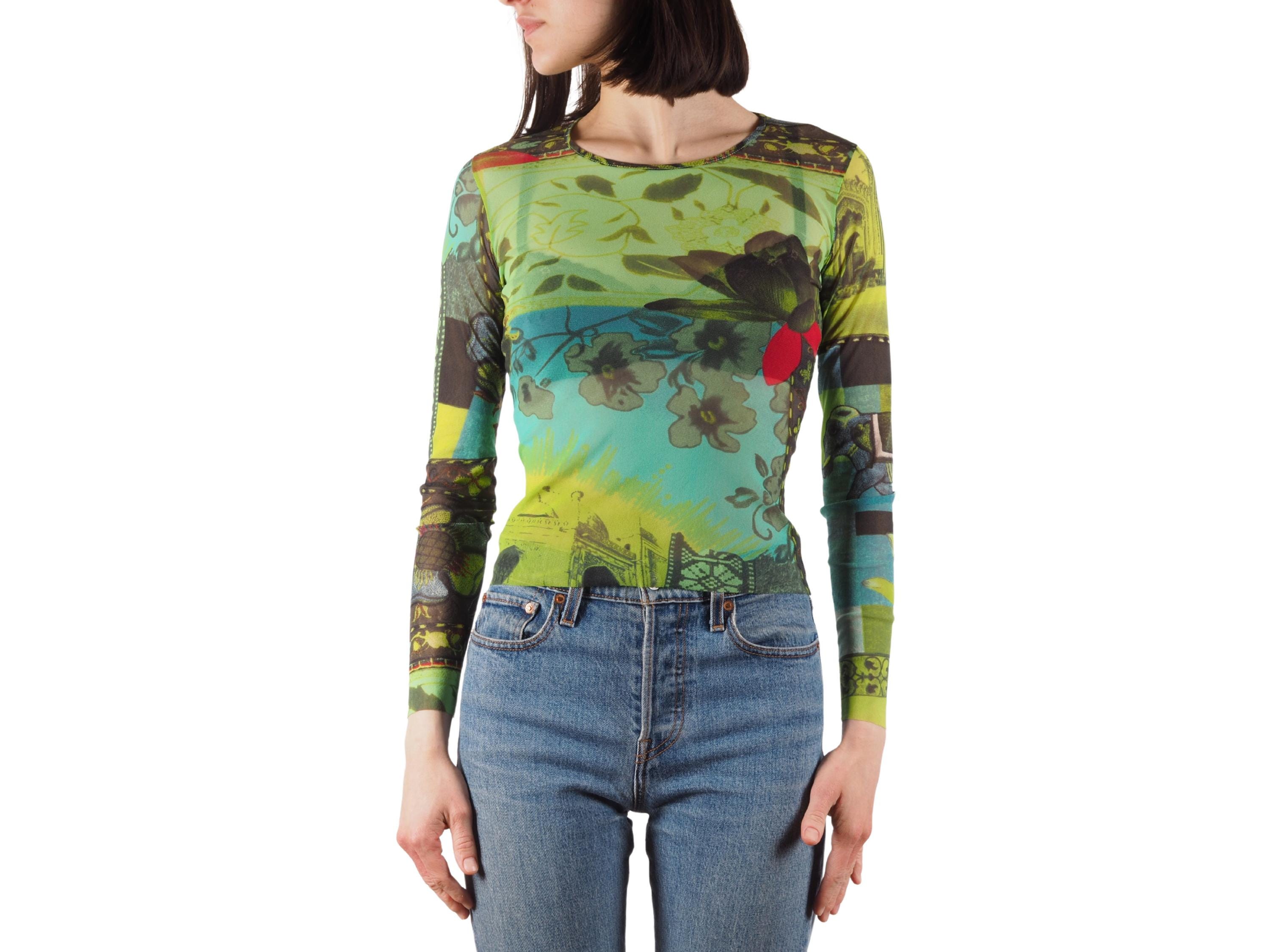 Kenzo Jungle Top Vintage Mesh Sheer Y2K Long Sleeve Lotus Temple