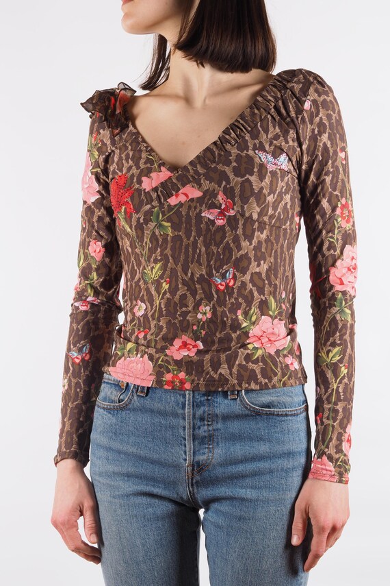 Blumarine Top Vintage Women's Leopard Floral Rhinestone Butterfly