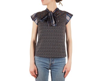 Top de manga corta con cuello anudado, de punto de algodón a cuadros, marrón y azul, de Kenzo Vintage para mujer, talla M