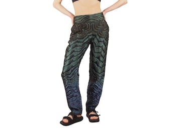 Pantalones de mujer Alberta Ferretti, jacquard verde y azul, mezcla de seda, talla IT 42 / US 6