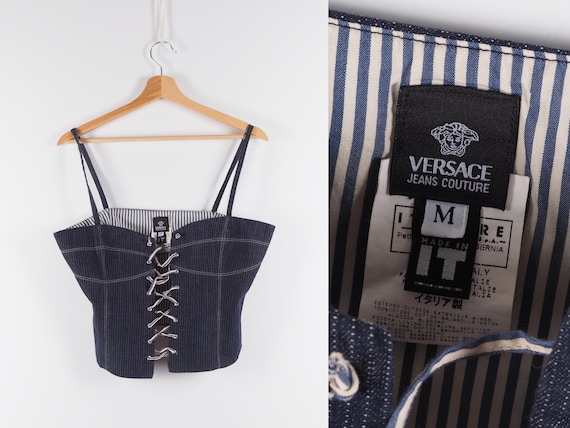 Vintage Versace Jeans Couture Top Blue Denim Crop… - image 1