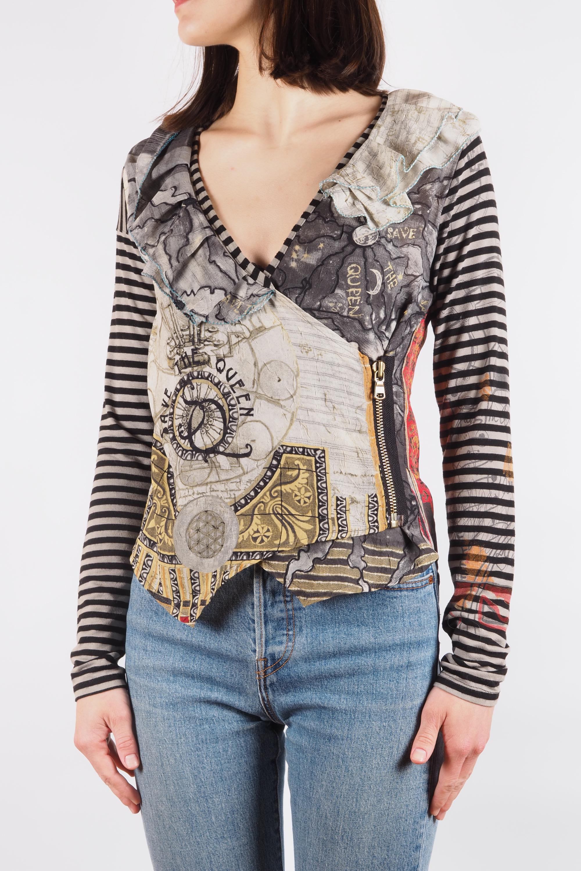 Save the Queen Top Vintage Women Print Asymmetrical Zip Long