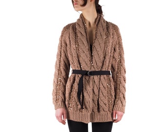 Brunello Cucinelli Women's Sequin Embellished Cable Knit Jute Cardigan size M