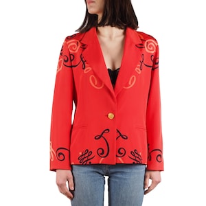 Escada Silk Blazer Jacket Vintage 90s Women Red Baroque Scroll Print Size 38 / US 8