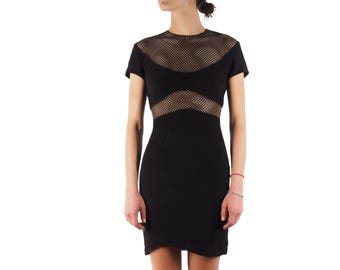 Thierry Mugler Mesh Long Dress Vintage Women Sheer Black Size 38 France 80s 90s