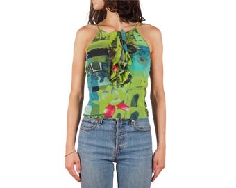 Camiseta sin mangas Kenzo Jeans con estampado indio de malla y volantes en la parte delantera, verde vintage, para mujer, talla XS