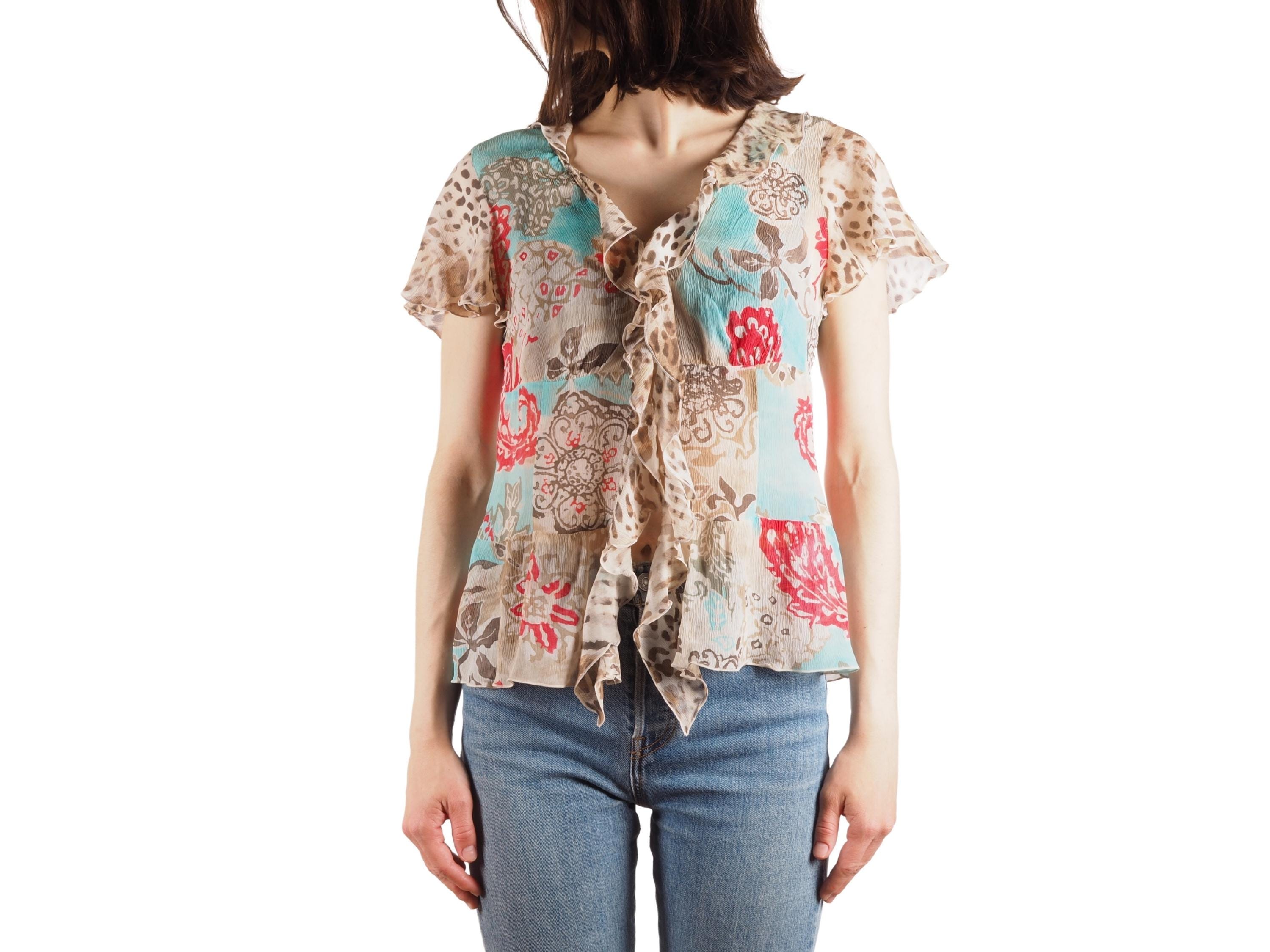 Escada Blouse Vintage 90s Women Ruffle Silk Leopard Floral Boho EU
