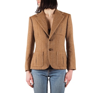 Chaqueta blazer de lana y cuero marrón vintage para mujer de Ralph Lauren, talla 8 de EE. UU. (fabricada en Japón)