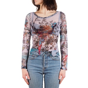 Save The Queen Top Vintage Y2K Women Mesh Long Sleeve Abstract Print M