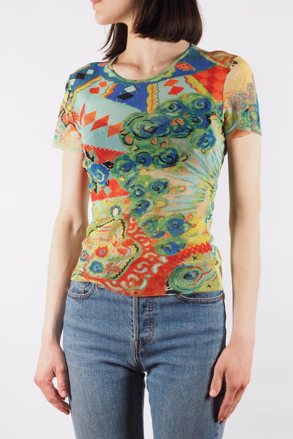 Kenzo Top T-shirt Vintage 90s Sheer Mesh Psychedelic Print Women's