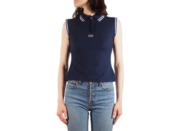 Dolce & Gabbana Crop Top Vintage 90s Women Sleeveless Polo Navy S / M Y2K