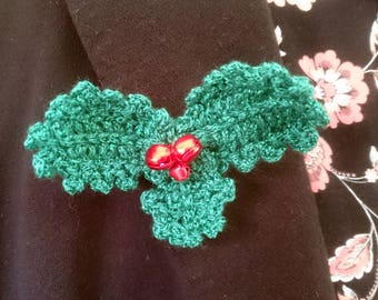 Brooch, Crochet holly leaf, holly leaf brooch, chrochet pin, crochet brooch