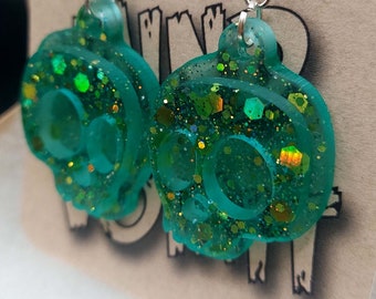 Cute Cartoon Skull Earrings - Green Chunky Glitter