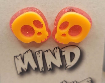 Cute Cartoon Skull Earrings - Solid Orange/Chunky Glitter Pink