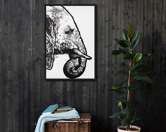 Hand Drawn Ink Elephant Framed Canvas