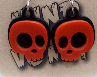 Cute Cartoon Skull Earrings - Solid Red Mica/Solid Black