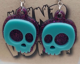 Cute Cartoon Skull Earrings - Solid Teal/Purple Glitter