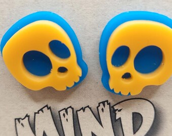 Cute Cartoon Skull Earrings - Solid Blue/Solid Yellow