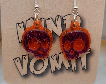 Cute Cartoon Skull Earrings - Purple Glitter/Orange Glitter