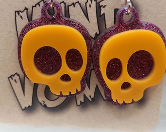 Cute Cartoon Skull Earrings - Solid Orange/Purple Glitter