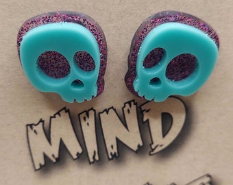 Cute Cartoon Skull Earrings - Solid Teal/Glitter Purple