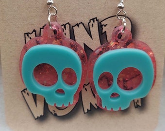 Cute Cartoon Skull Earrings - Solid Teal/Chunky Pink Glitter